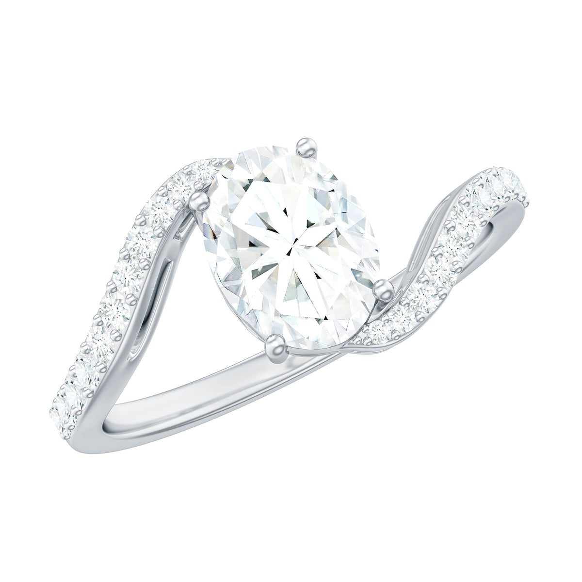 Rosec Jewels 1 Carat Moissanite oval engagement ring with bypass shank, showcasing the sparkling center stone and elegant band design.