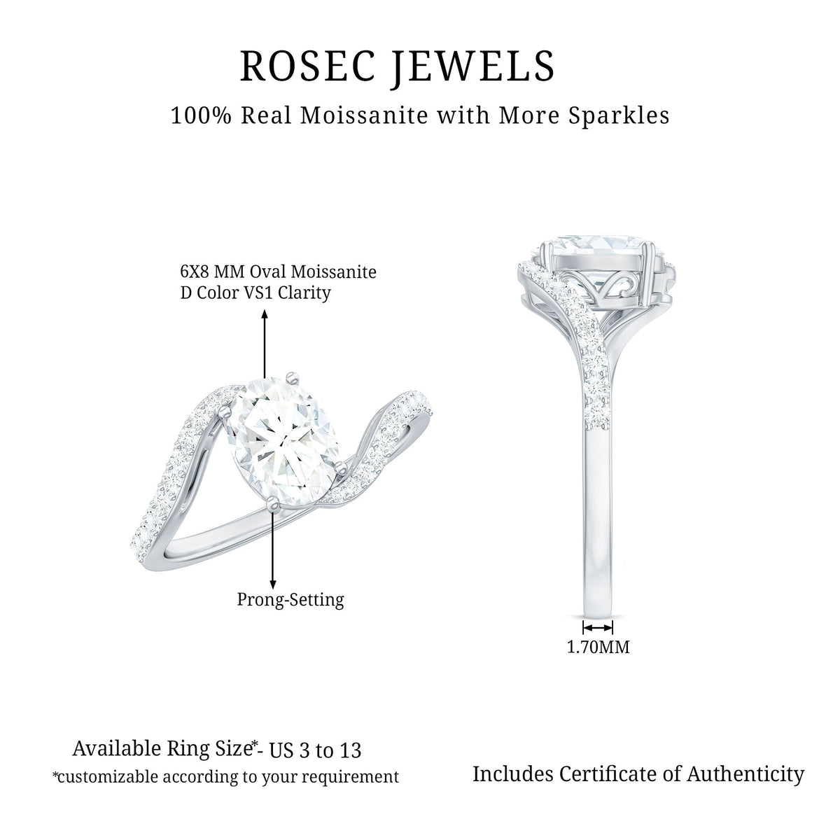 Oval 1 Carat Moissanite engagement ring with bypass shank from Rosec Jewels, featuring sparkling center stone and elegant design.