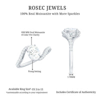 Oval 1 Carat Moissanite engagement ring with bypass shank from Rosec Jewels, featuring sparkling center stone and elegant design.