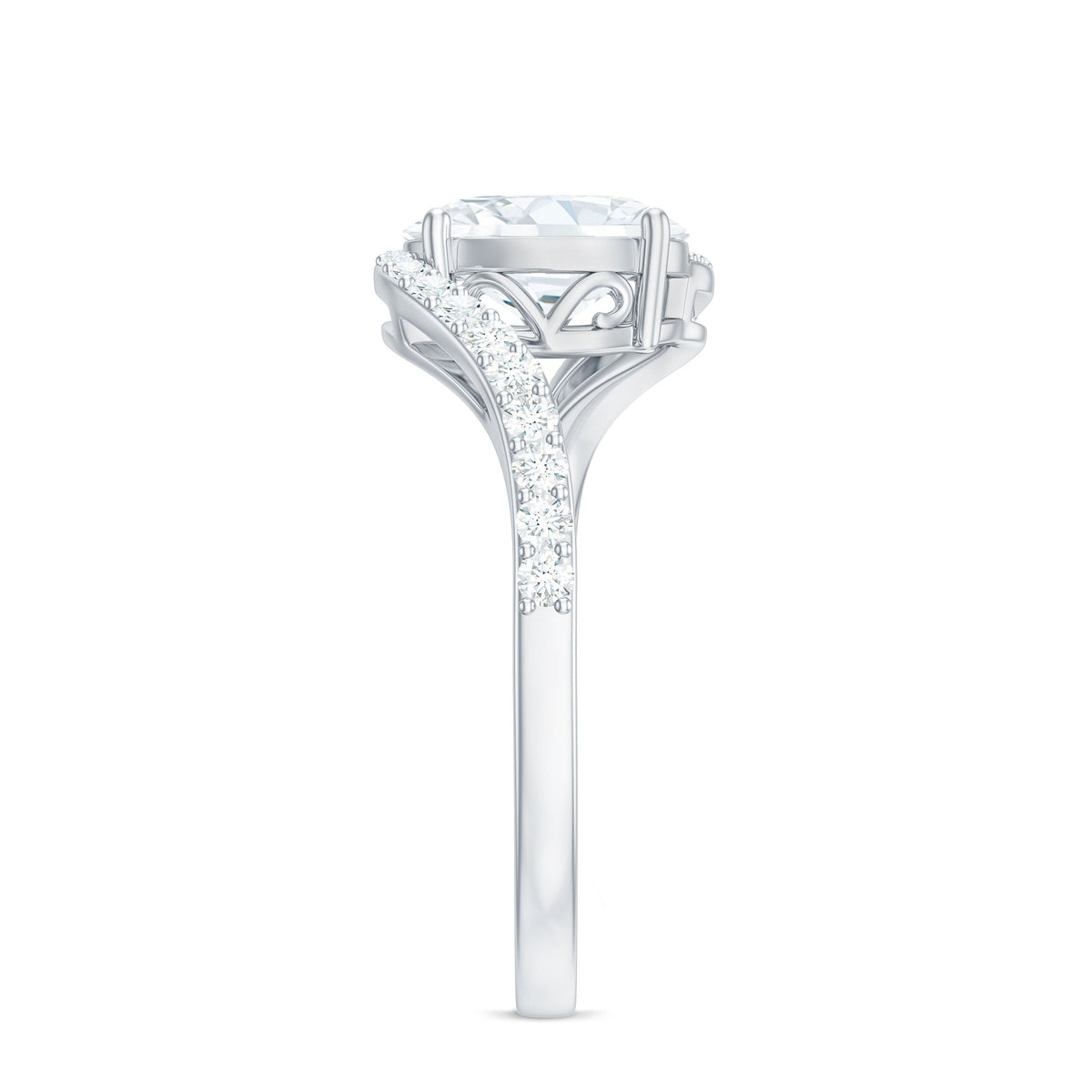 Elegant 1 carat moissanite oval engagement ring with bypass shank from Rosec Jewels, showcasing sparkling center stone and intricate band design.
