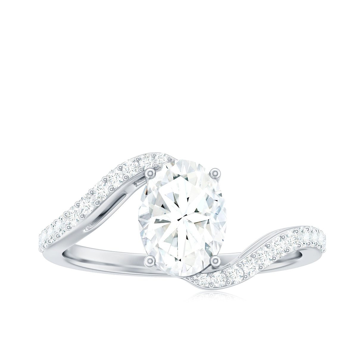 Rosec Jewels 1 Carat Moissanite Oval Engagement Ring with bypass shank, featuring a sparkling oval gemstone and elegant band design