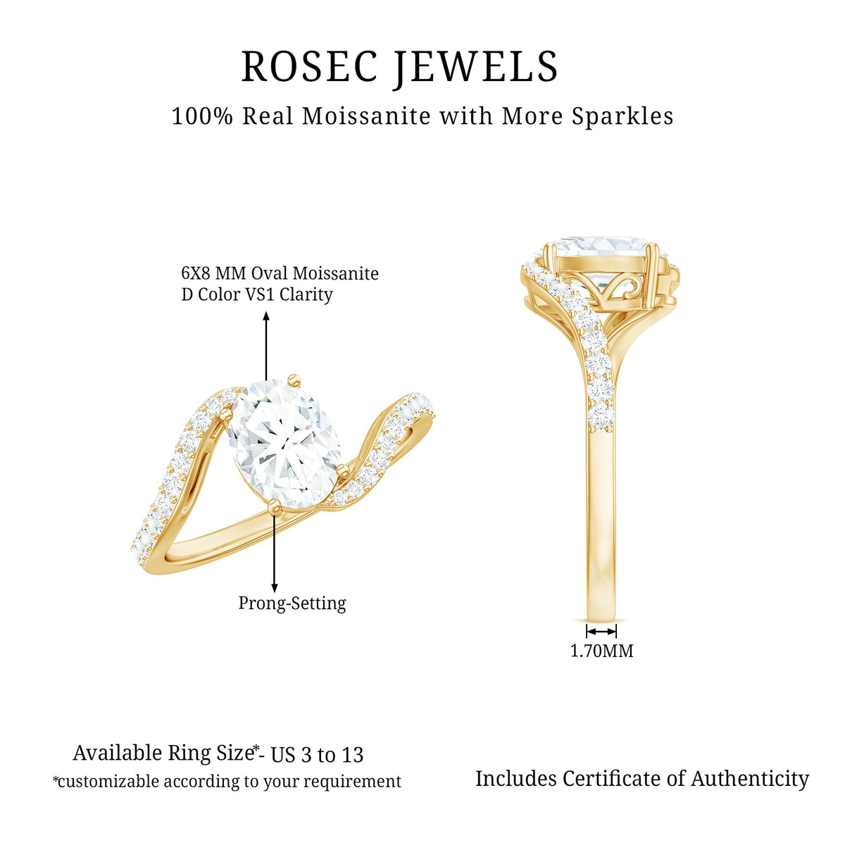 Rosec Jewels 1 Carat Moissanite Oval Engagement Ring with bypass shank, featuring a sparkling oval moissanite gemstone and elegant band design.