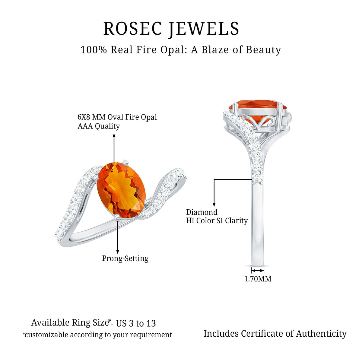 Oval cut fire opal and diamond bypass ring by Rosec Jewels, showcasing a elegant oval gemstone with sparkling diamonds in a bypass setting.