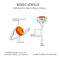 Oval cut fire opal and diamond bypass ring by Rosec Jewels, showcasing a elegant oval gemstone with sparkling diamonds in a bypass setting.