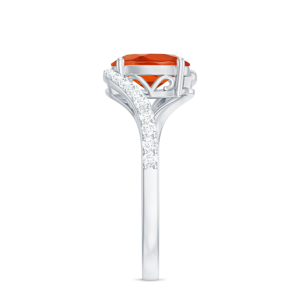 Oval cut fire opal and diamond bypass ring from Rosec Jewels, featuring a unique design with sparkling gemstones.