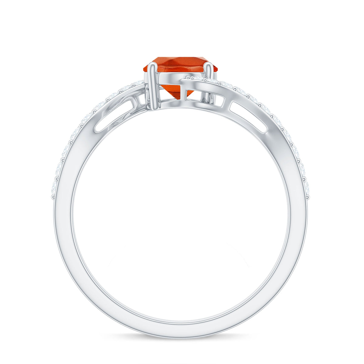 Oval cut solitaire fire opal and diamond bypass ring from Rosec Jewels, showcasing the elegant design and sparkling gemstones.