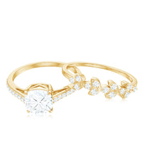 Claw Set Cushion Cut Moissanite Engagement Ring with Leaf Wedding Band