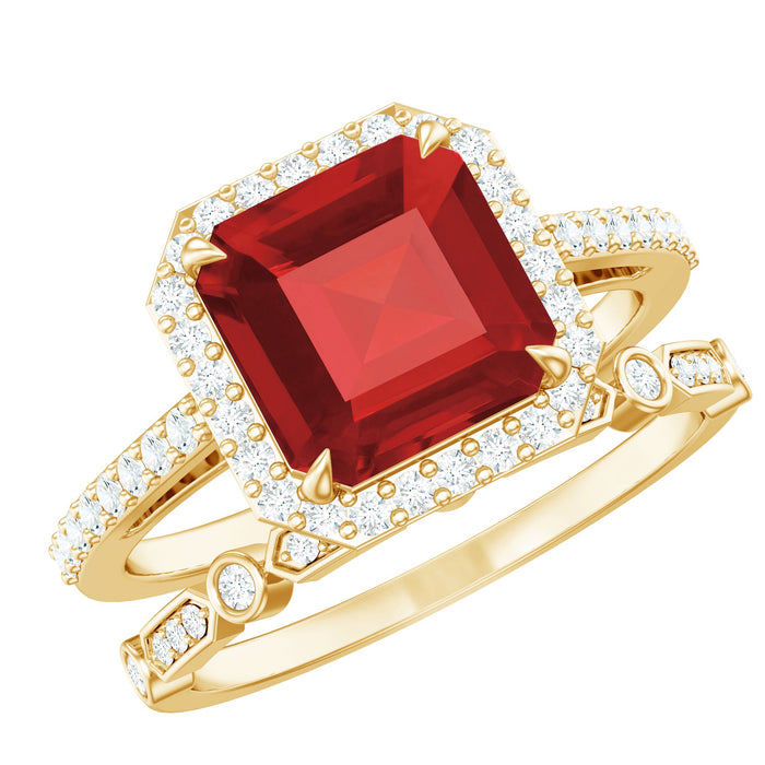 Lab grown ruby and diamond Asscher cut engagement ring with enhancer from Rosec Jewels, showcasing sparkling gemstones and intricate design.