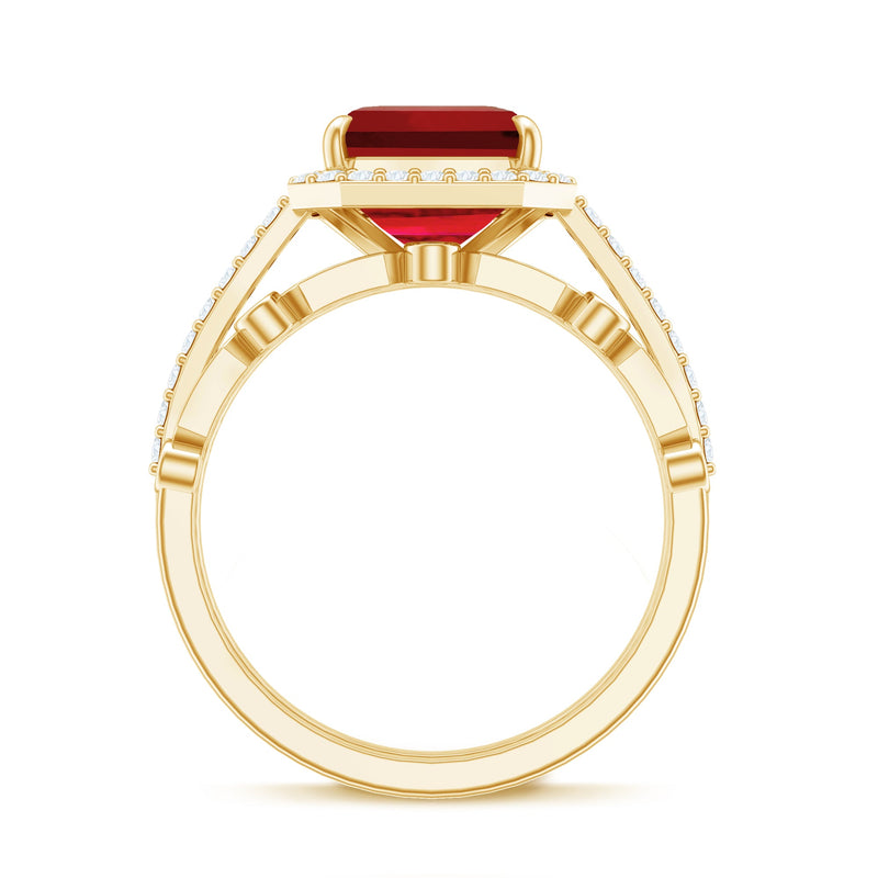 Lab grown ruby and diamond Asscher cut engagement ring with enhancer from Rosec Jewels, featuring a sparkling central ruby and surrounding diamonds.