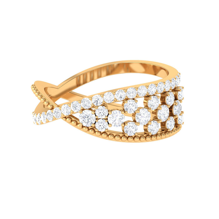 Rosec Jewels designer diamond band ring with criss-cross shank, showcasing sparkling diamonds and intricate craftsmanship.