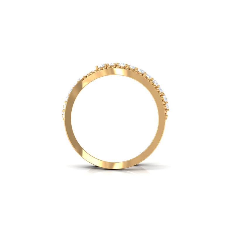 Rosec Jewels designer diamond band ring with a criss cross shank, showcasing sparkling diamonds and intricate gold craftsmanship.