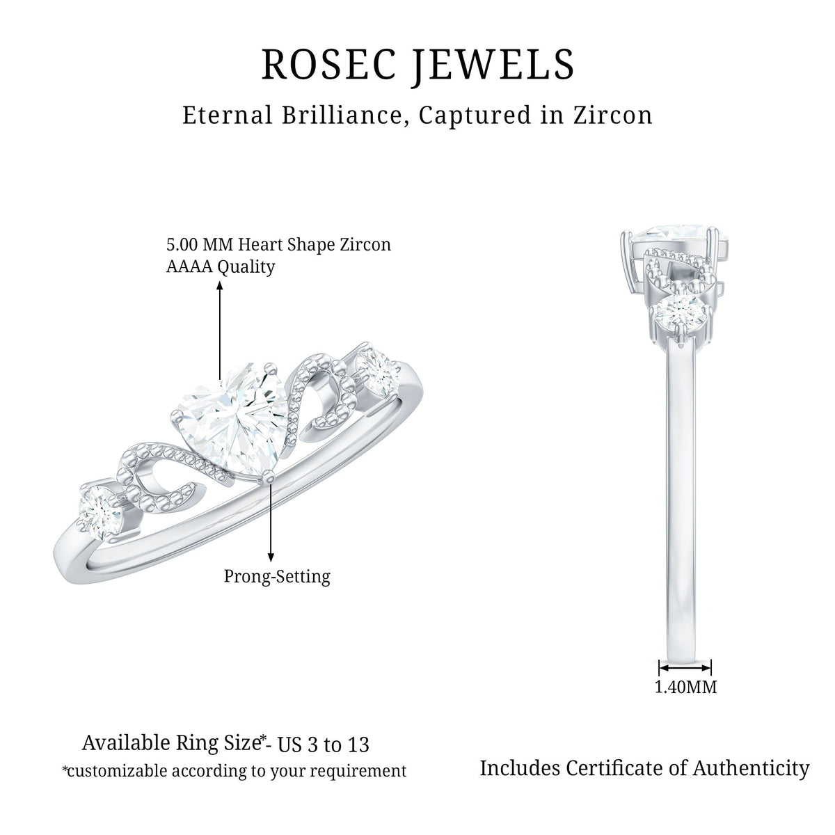 Rosec Jewels 3/4 CT zircon heart engagement ring with gold beaded band, featuring a sparkling central zircon stone and intricate beaded detailing.