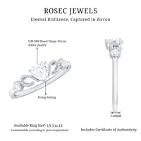 Rosec Jewels 3/4 CT zircon heart engagement ring with gold beaded band, featuring a sparkling central zircon stone and intricate beaded detailing.