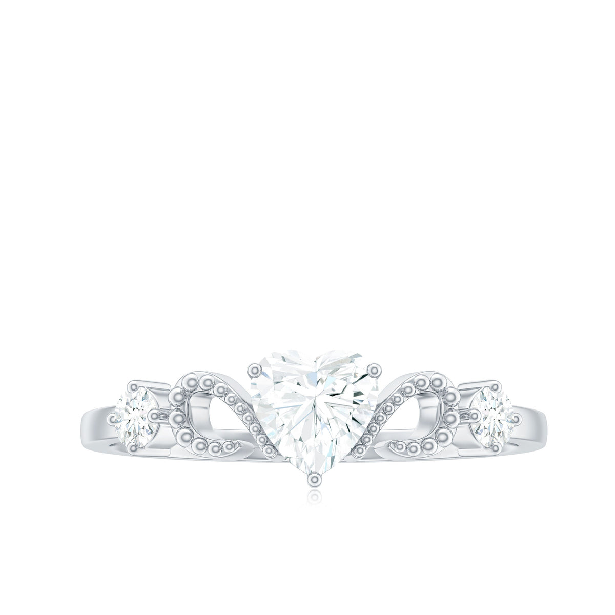 Rosec Jewels 3/4 ct zircon heart engagement ring with gold beaded band, showcasing a sparkling heart-shaped zircon gemstone.