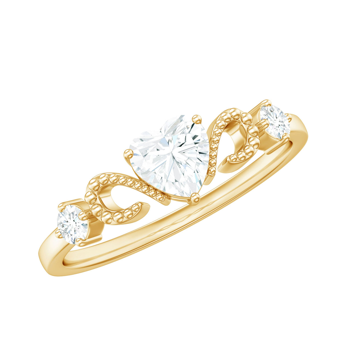 Rosec Jewels 3/4 CT minimal zircon heart engagement ring with gold beaded band, showcasing delicate design and sparkling stones.