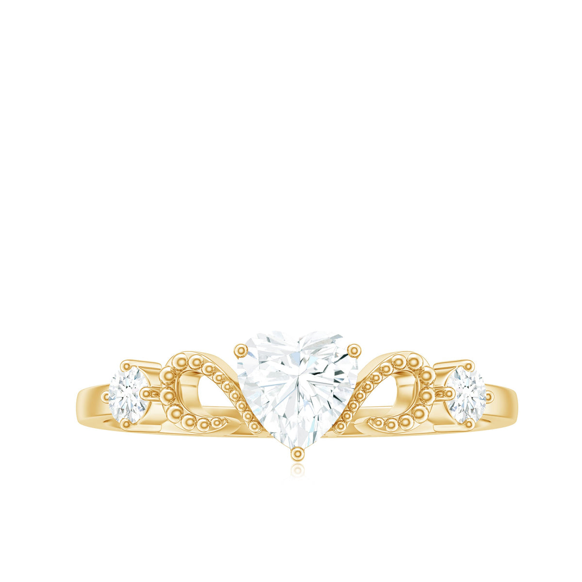 Rosec Jewels 3/4 CT zircon heart engagement ring with gold beaded band, showcasing a delicate heart-shaped zircon stone and intricate beading.