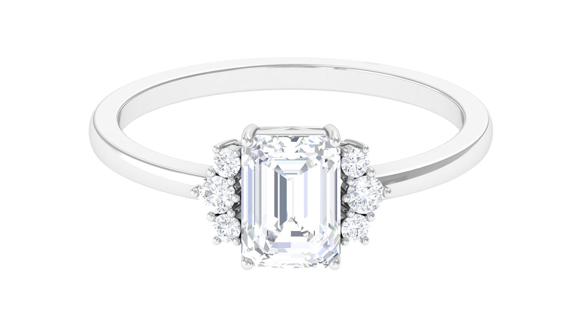 Two-carat octagon cut cubic zirconia solitaire engagement ring with silver band, featuring a sparkling central stone and intricate band design.