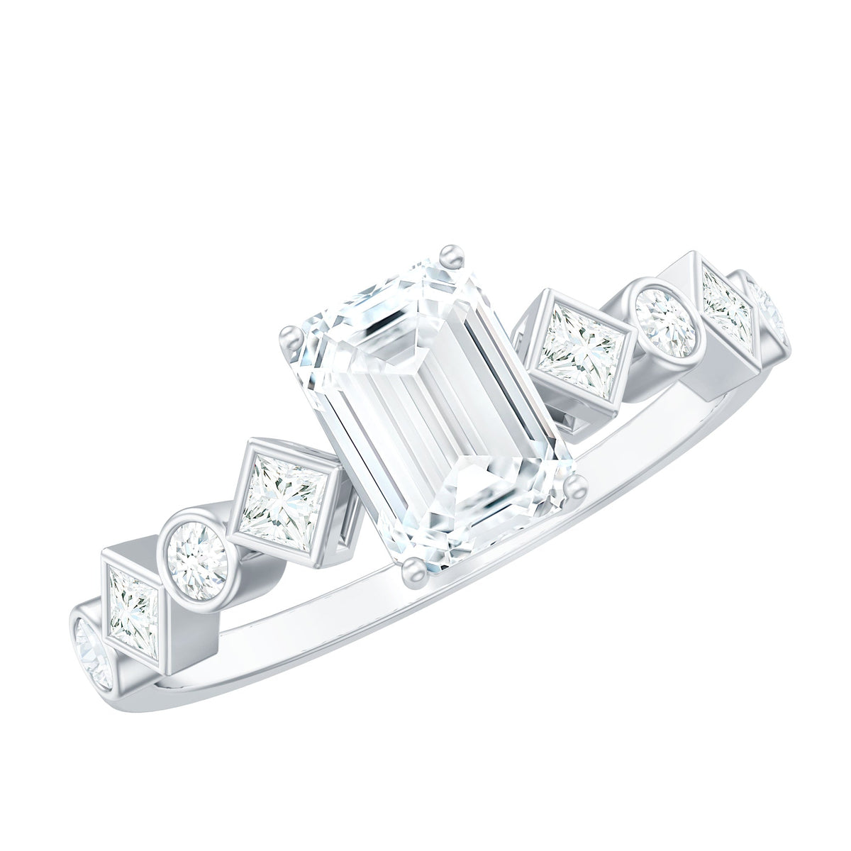 Rosec Jewels 2 CT octagon cut zircon engagement ring with side stones, featuring a sparkling central gemstone and detailed band.