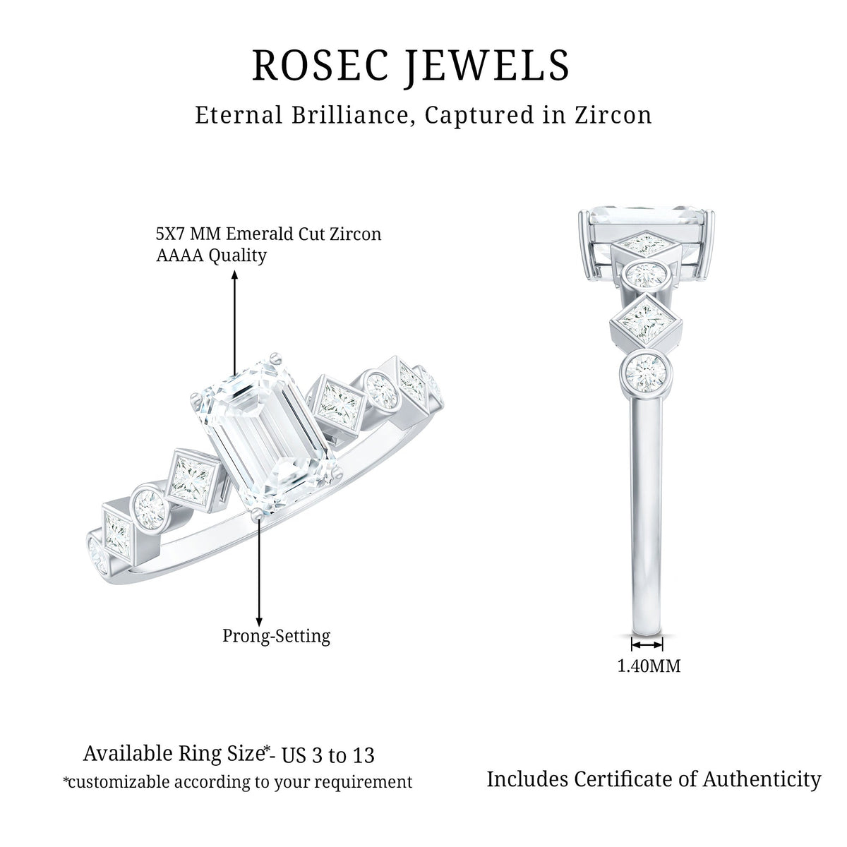 Two-carat octagon cut zircon engagement ring with side stones from Rosec Jewels, showcasing sparkling design and intricate detailing.