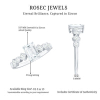 Two-carat octagon cut zircon engagement ring with side stones from Rosec Jewels, showcasing sparkling design and intricate detailing.
