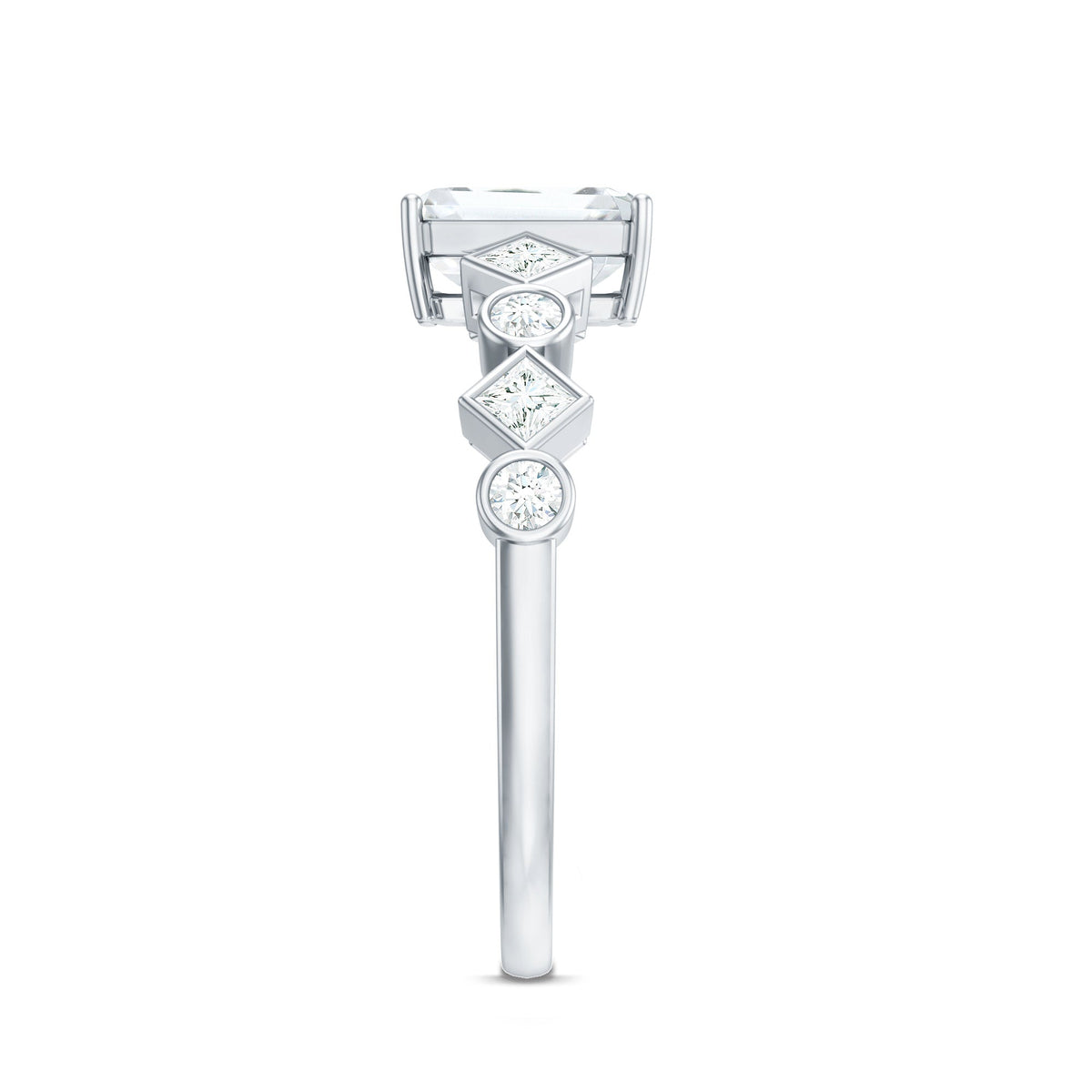 Rosec Jewels 2 CT octagon cut zircon engagement ring with side stones, showcasing a sparkling central gemstone and elegant design.