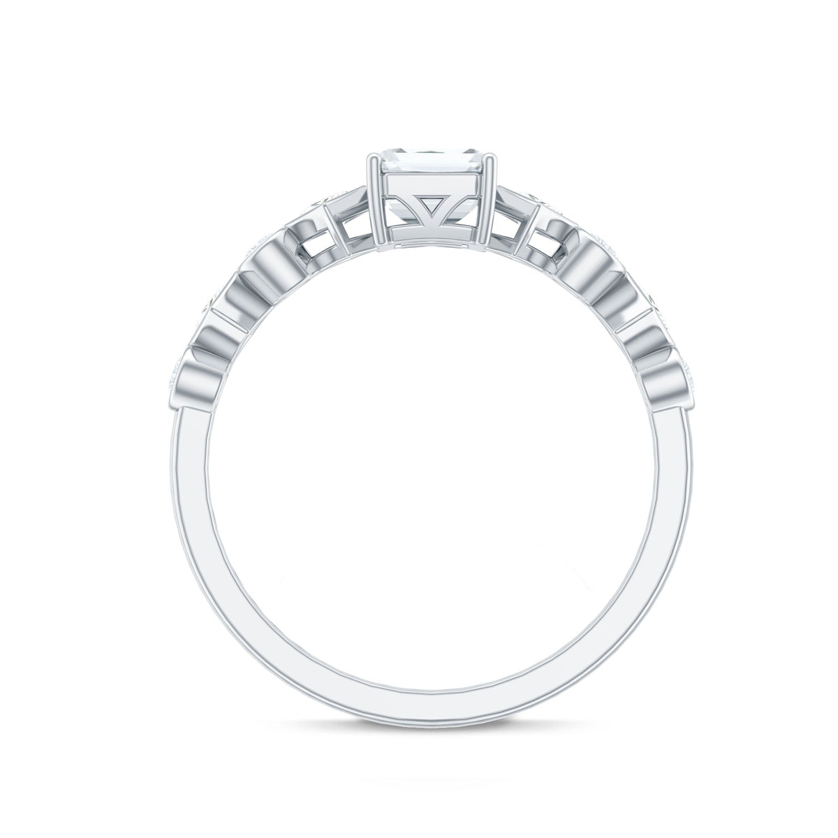 Octagon cut zircon engagement ring with side stones from Rosec Jewels, showcasing a sparkling central gemstone and elegant band design.