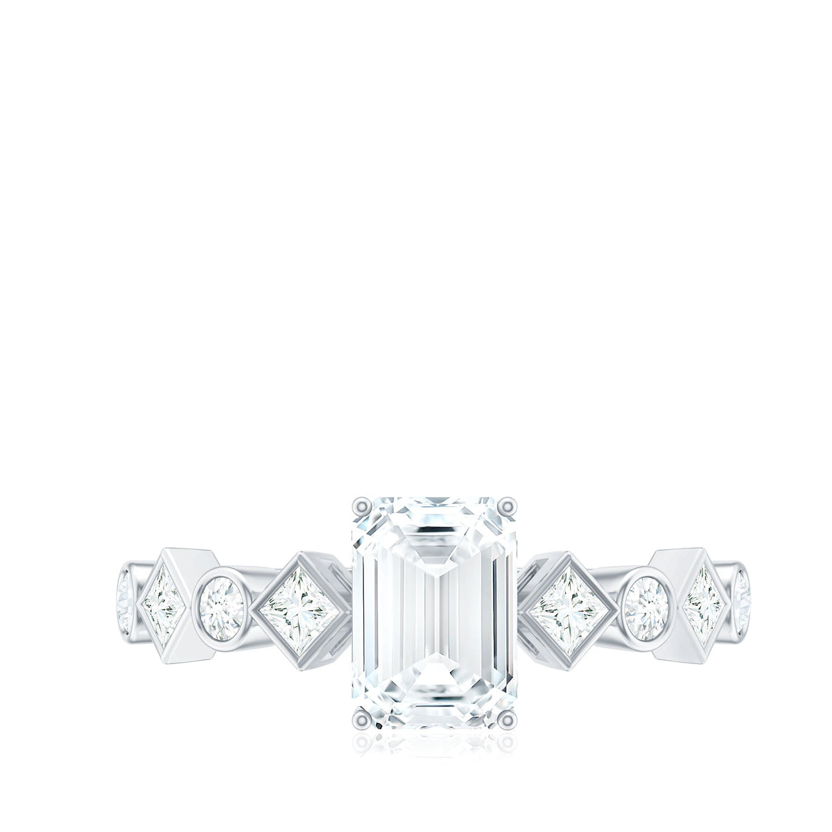 Rosec Jewels 2 CT octagon cut zircon engagement ring with side stones, showcasing a sparkling central stone and detailed band.