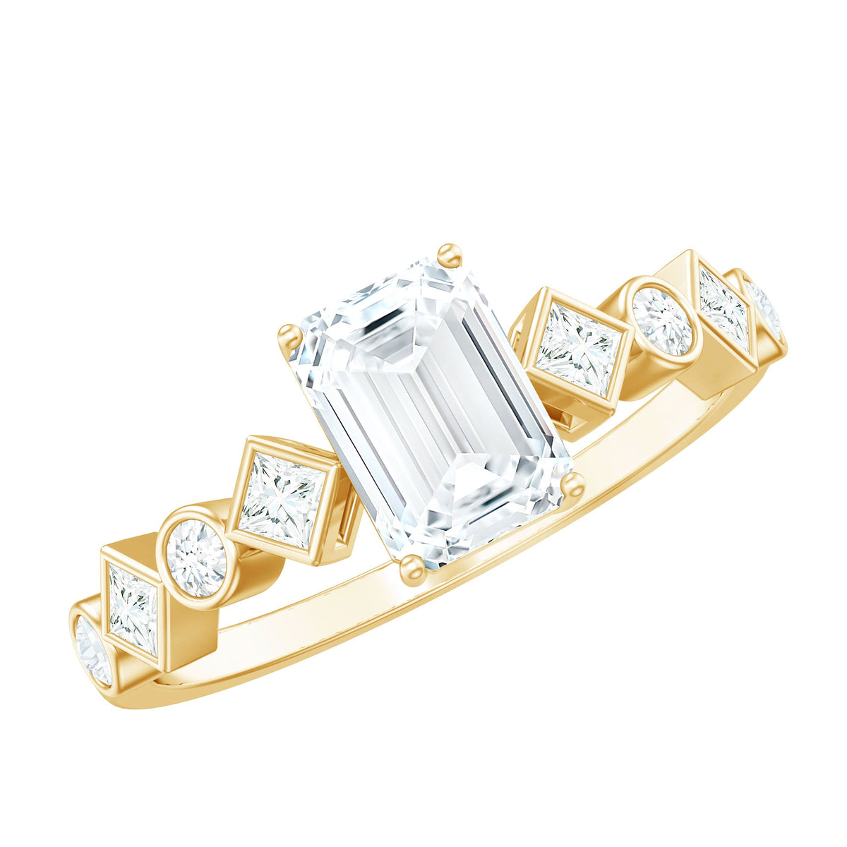 Rosec Jewels 2 CT octagon cut zircon engagement ring with side stones, showcasing a sparkling center stone and intricate band details.