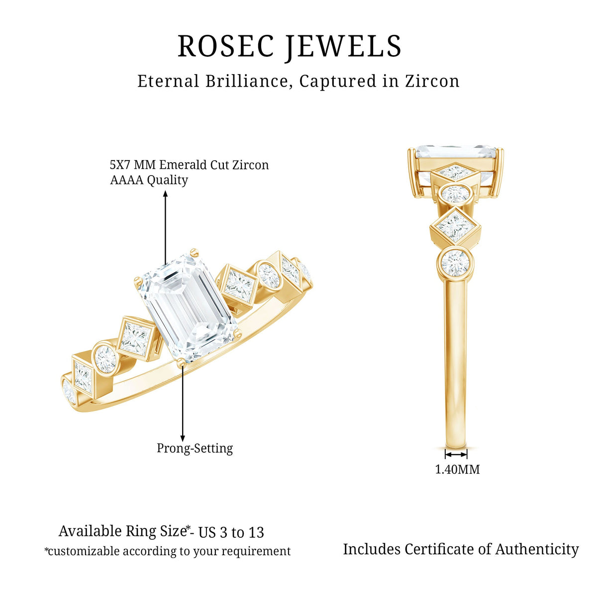 Rosec Jewels 2 CT octagon cut zircon engagement ring with side stones, showcasing a sparkling central gem and intricate band design.