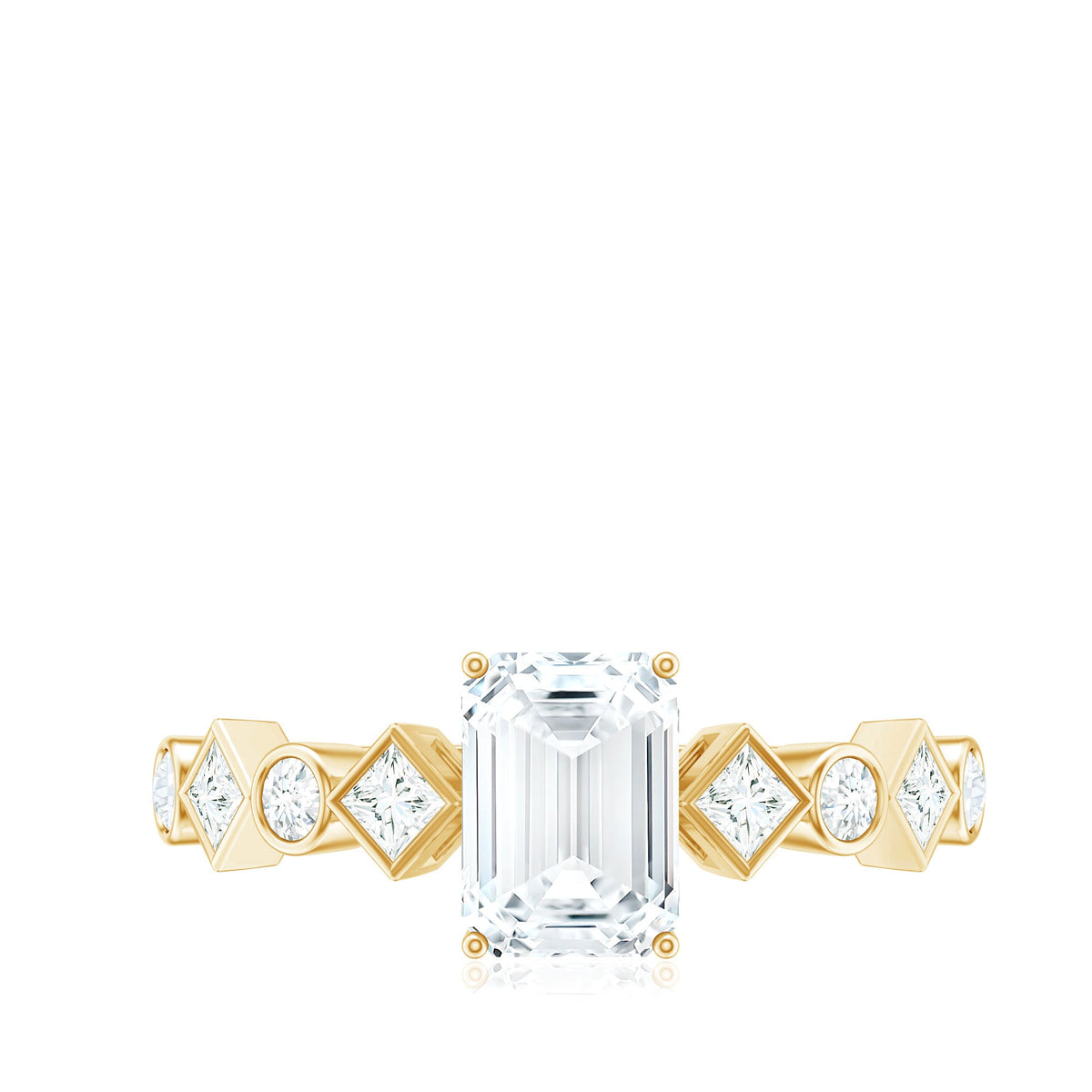 Octagon cut zircon engagement ring with side stones, featuring a sparkling design from Rosec Jewels.