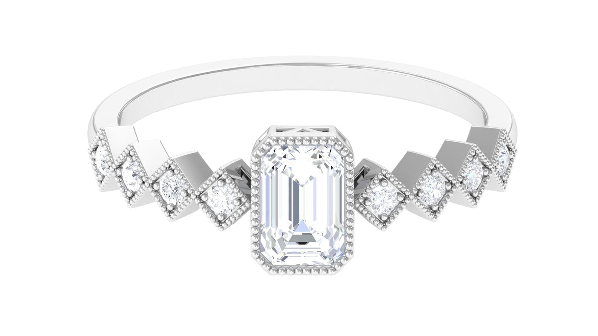 Octagon cut zircon engagement ring with side stones by Rosec Jewels, showcasing a sparkling central gemstone and elegant band.