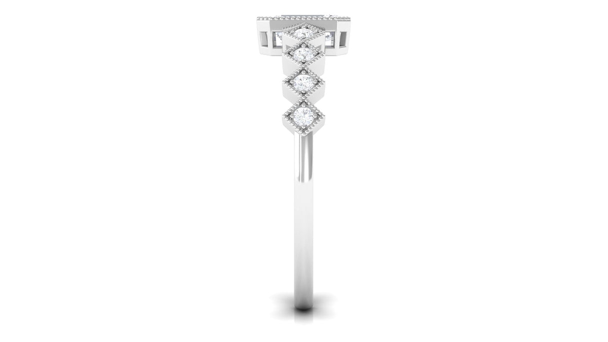 Octagon cut zircon engagement ring with side stones, showcasing a sparkling center stone and intricate band design from Rosec Jewels.