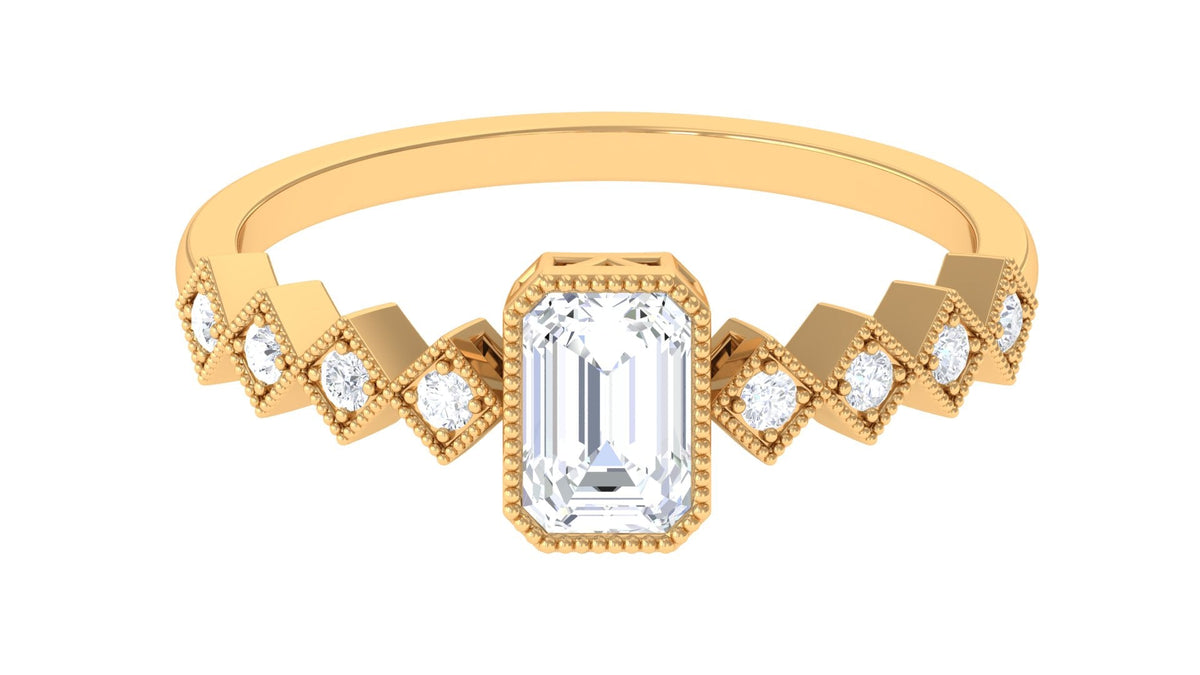 Octagon cut zircon engagement ring with side stones, featuring a sparkling center stone and detailed band from Rosec Jewels.