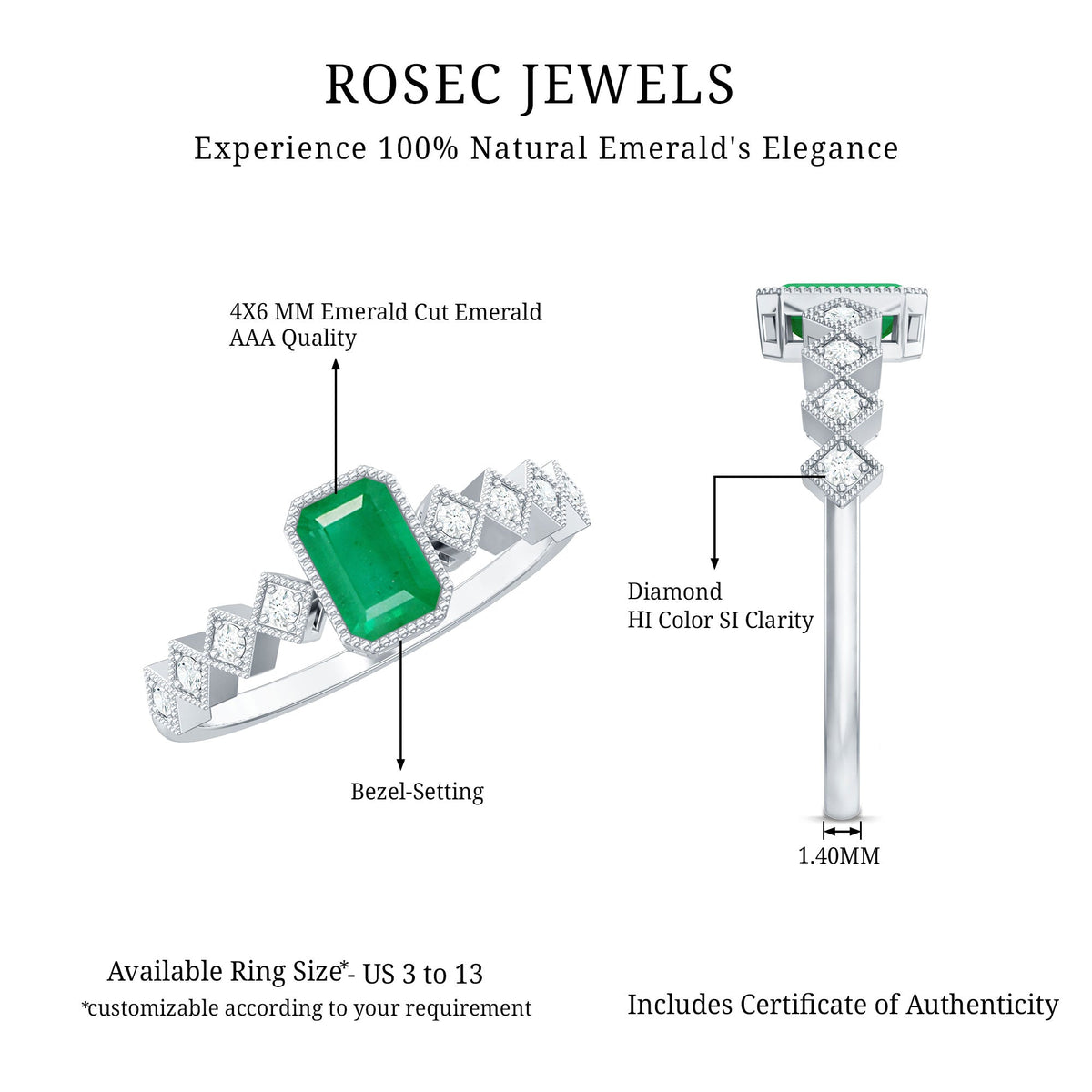 Vintage emerald cut emerald engagement ring with diamond accents by Rosec Jewels, showcasing a classic and elegant design.