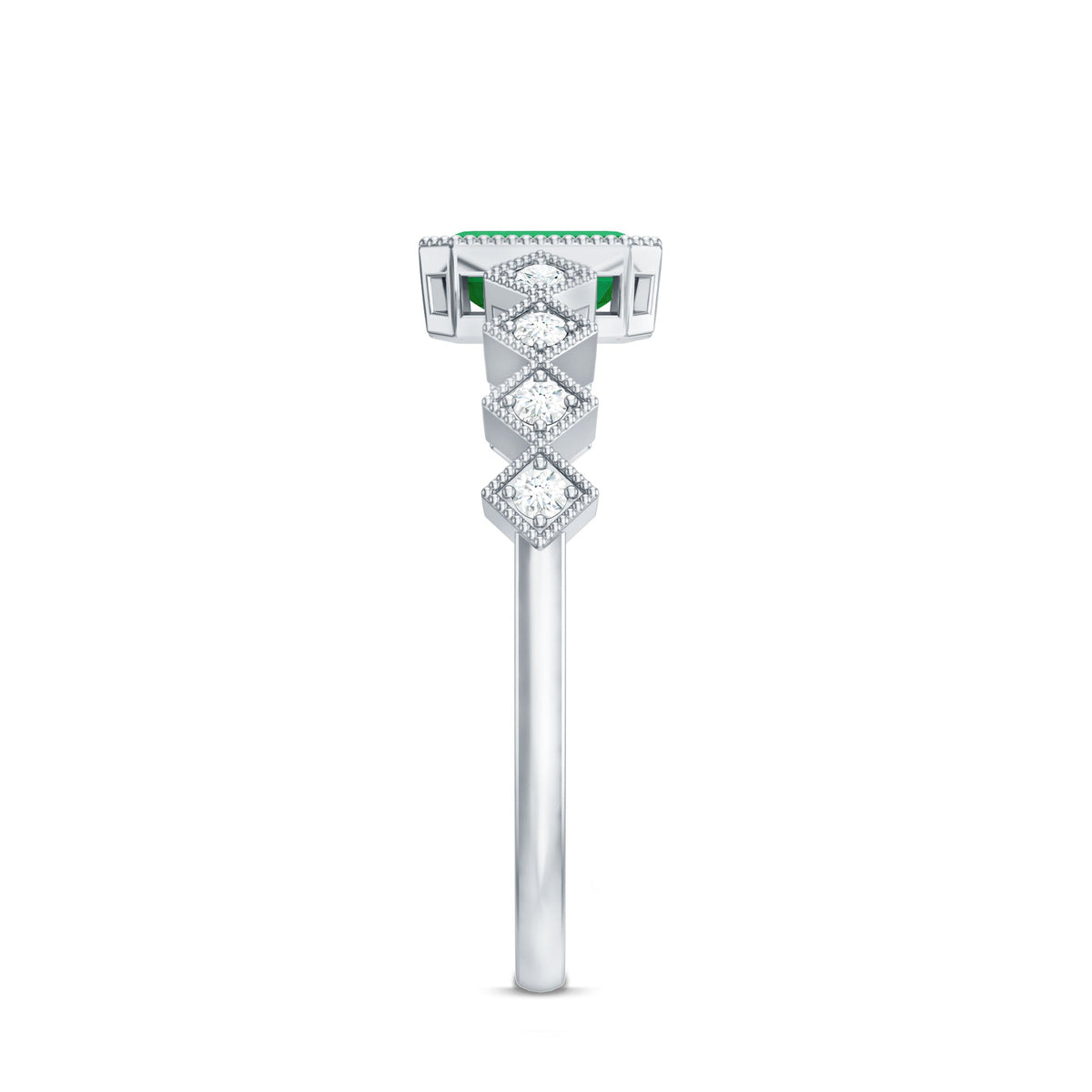 Vintage emerald cut emerald engagement ring with diamond accents from Rosec Jewels, showcasing a detailed gold band and intricate design.