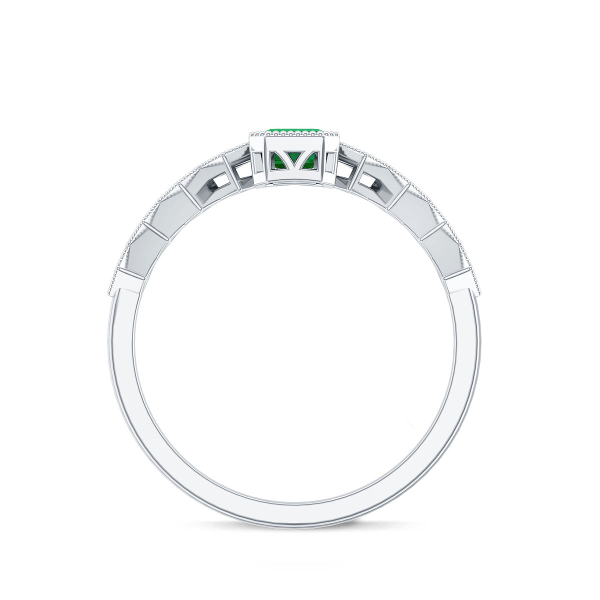Vintage-looking emerald cut emerald engagement ring with diamond accents by Rosec Jewels, showcasing detailed craftsmanship and elegant design.