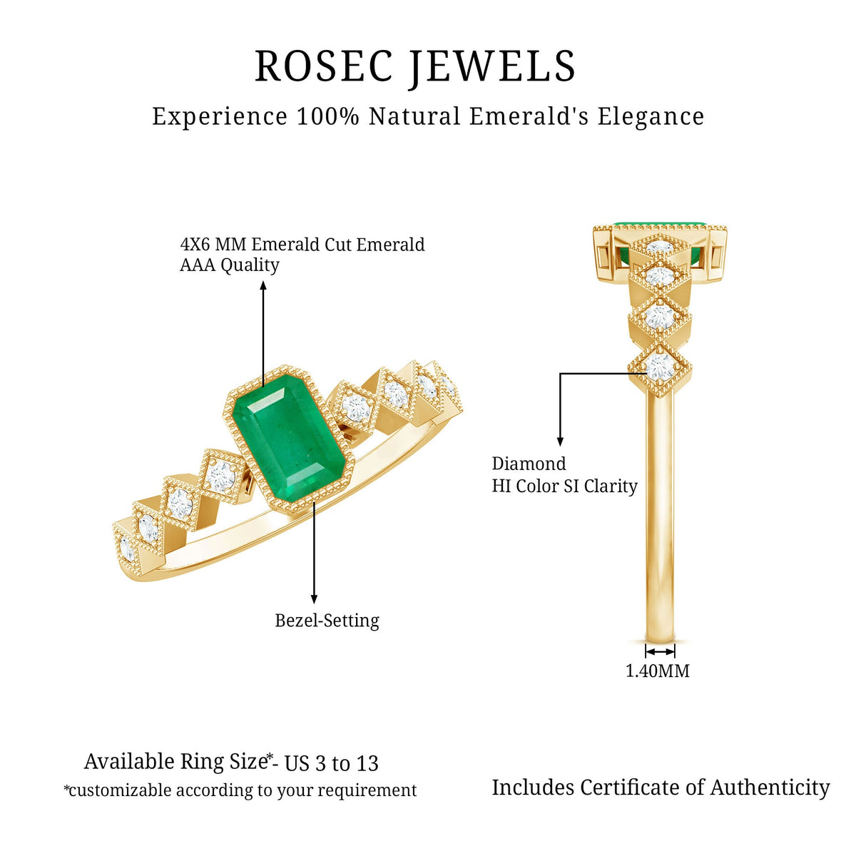 Vintage emerald cut emerald engagement ring with diamond accents by Rosec Jewels, showcasing an elegant, timeless design.