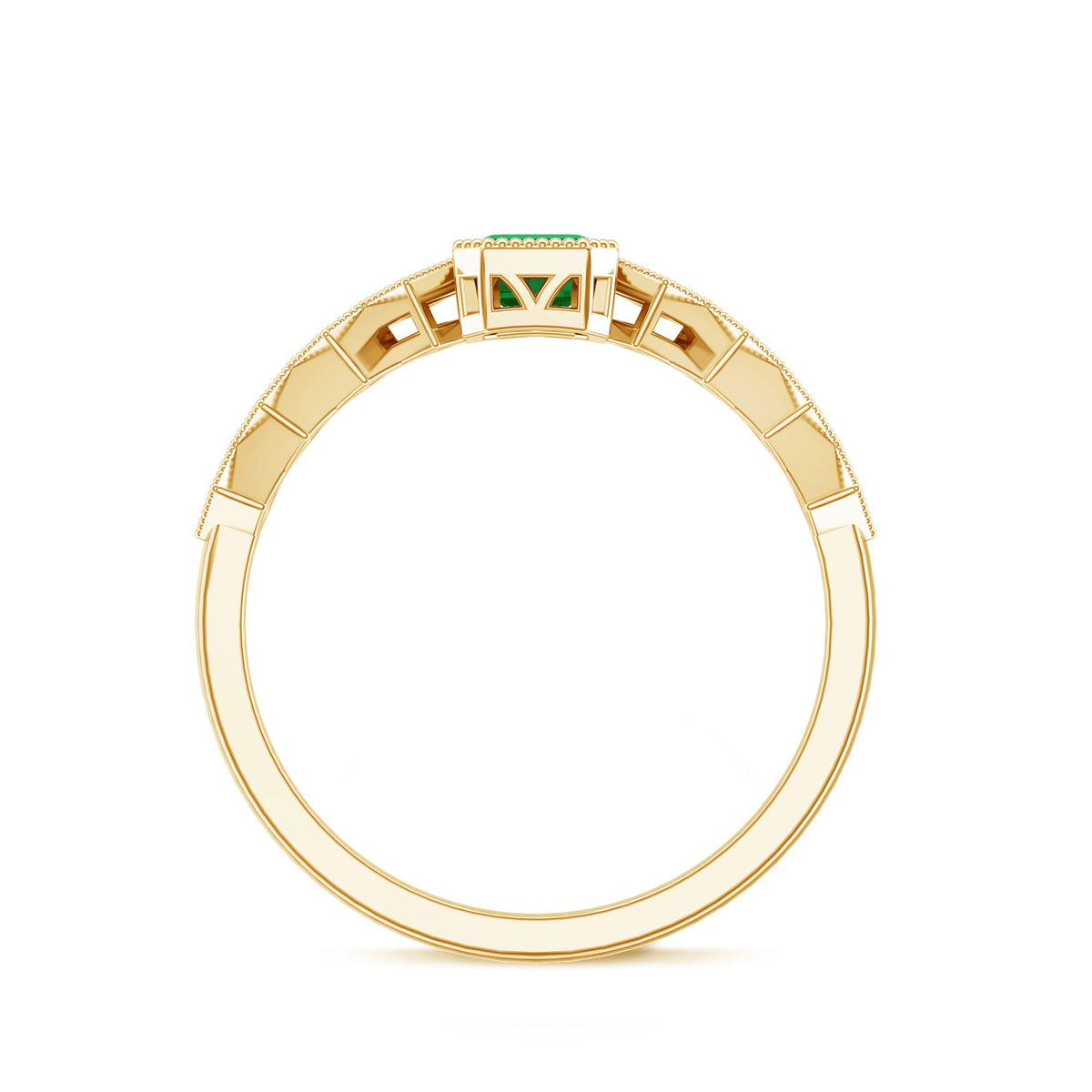 Vintage emerald cut emerald engagement ring with diamond accents from Rosec Jewels, showcasing intricate metalwork and sparkling gemstones.