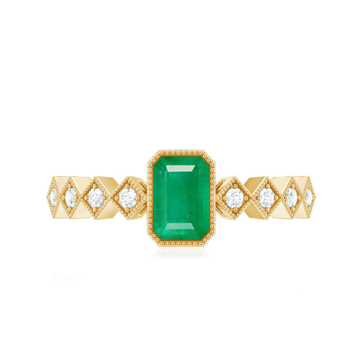 Vintage emerald cut emerald engagement ring with diamond accents by Rosec Jewels, showcasing a detailed gold band and sparkling gemstones.