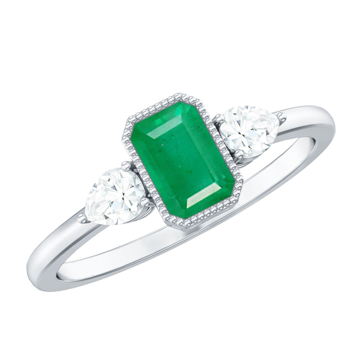 Emerald 3-stone ring with diamonds from Rosec Jewels, showcasing the elegant green emeralds and sparkling diamond accents.