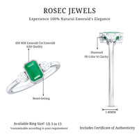 Emerald 3-stone ring with diamond accents from Rosec Jewels featuring a silver band and sparkling gemstone details