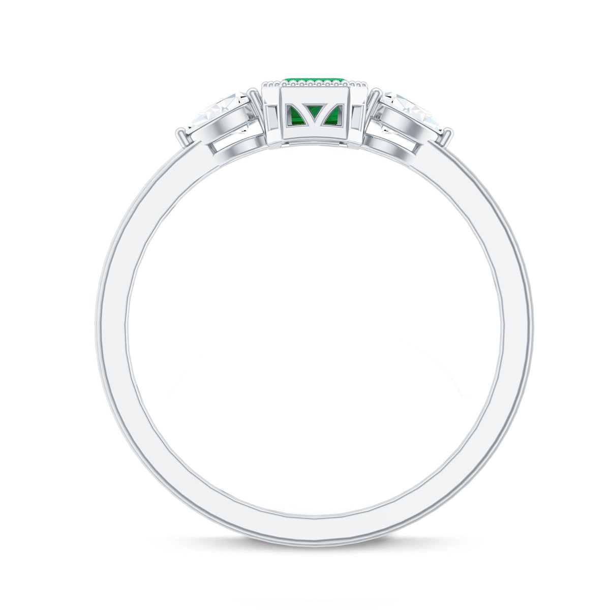 Emerald 3-stone ring with diamond accents from Rosec Jewels, showcasing a elegant design and sparkling gemstones.