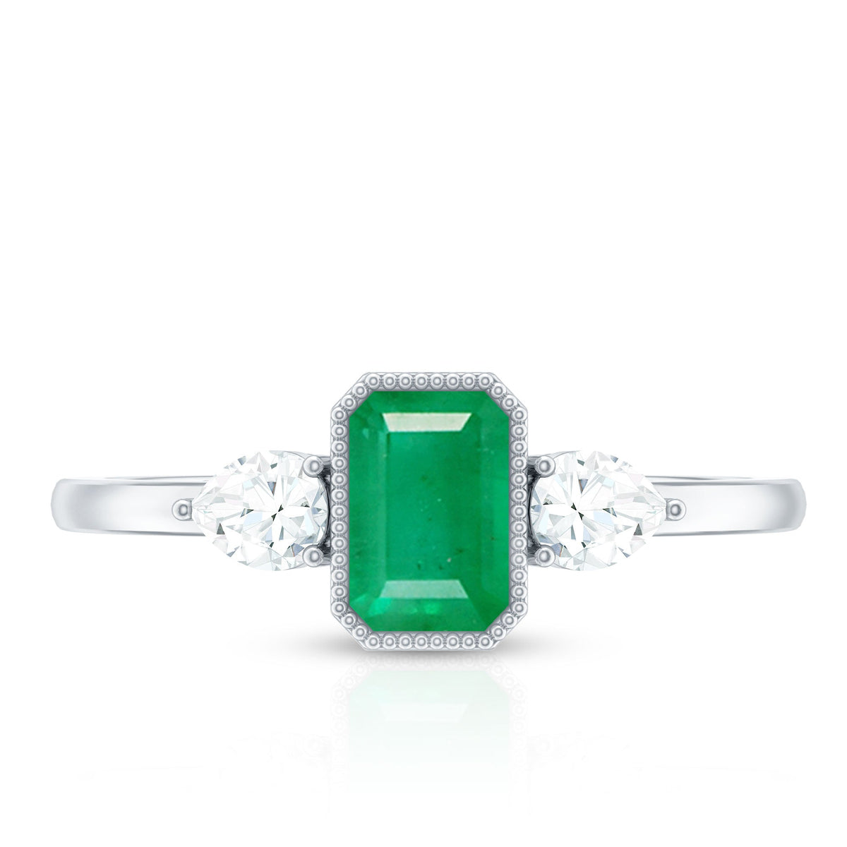 Emerald 3-stone ring with diamond accents by Rosec Jewels, showcasing vibrant green emeralds and sparkling diamonds in a elegant ring setting.