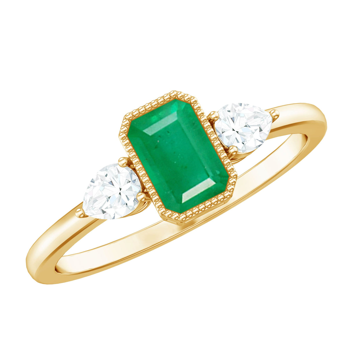 Rosec Jewels emerald 3-stone ring with sparkling diamonds, showcasing vibrant green emeralds and elegant design.