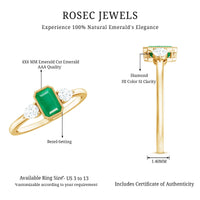 Rosec Jewels emerald 3-stone ring with sparkling diamonds, showcasing vibrant green gemstones and elegant design.