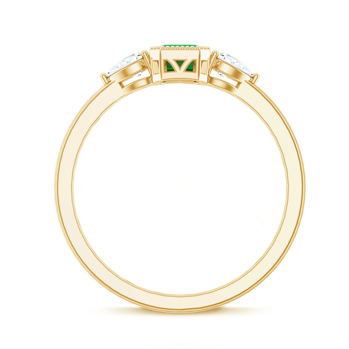 Emerald and diamond three-stone ring by Rosec Jewels featuring a central emerald gemstone flanked by two diamonds.