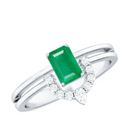 Natural emerald cut emerald double band engagement ring with diamonds, Rosec Jewels, showcasing elegant gemstone and intricate band design.