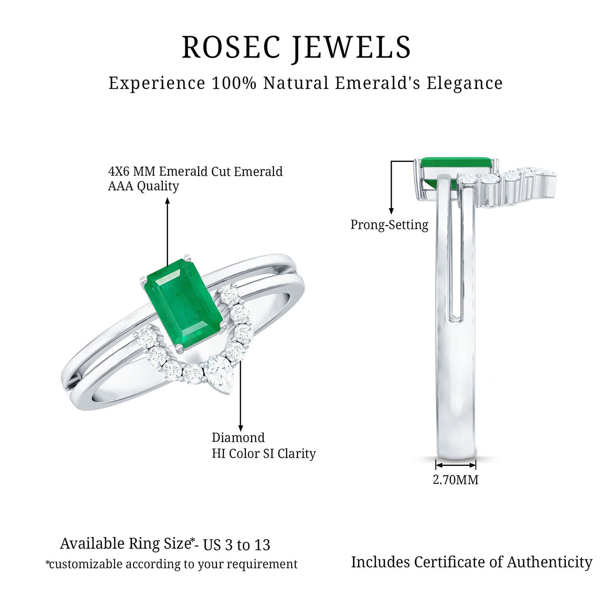 Natural emerald cut emerald double band engagement ring with diamond accents by Rosec Jewels, featuring a sparkling central gemstone.