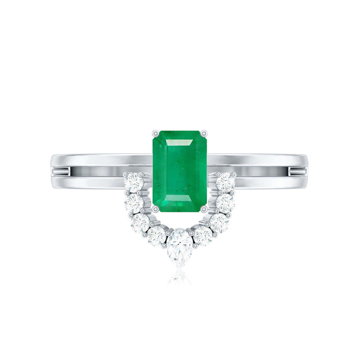 Natural emerald cut emerald double band engagement ring with diamond accents, crafted by Rosec Jewels.
