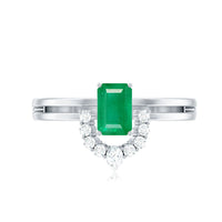 Natural emerald cut emerald double band engagement ring with diamond accents, crafted by Rosec Jewels.